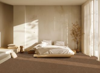 A serene modern bedroom featuring minimalist decor, serene color palette, and ample natural lighting. the room includes a sleek wooden bed, cozy linens, simple furnishings, and floor-to-ceiling windows that illuminate the space with natural light.