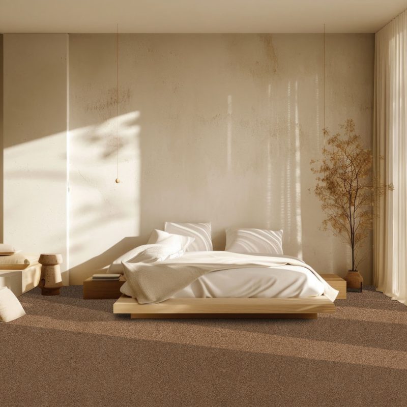 A serene modern bedroom featuring minimalist decor, serene color palette, and ample natural lighting. the room includes a sleek wooden bed, cozy linens, simple furnishings, and floor-to-ceiling windows that illuminate the space with natural light.