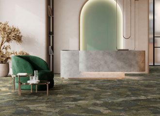 Modern stylish reception desk with green armchair, 3D rendering