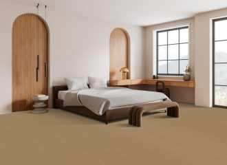 Corner view of bedroom interior bed with sheets, carpet on hardwood floor. Cozy relaxing space with work table and chair near panoramic window. Mock up copy space empty wall. 3D rendering