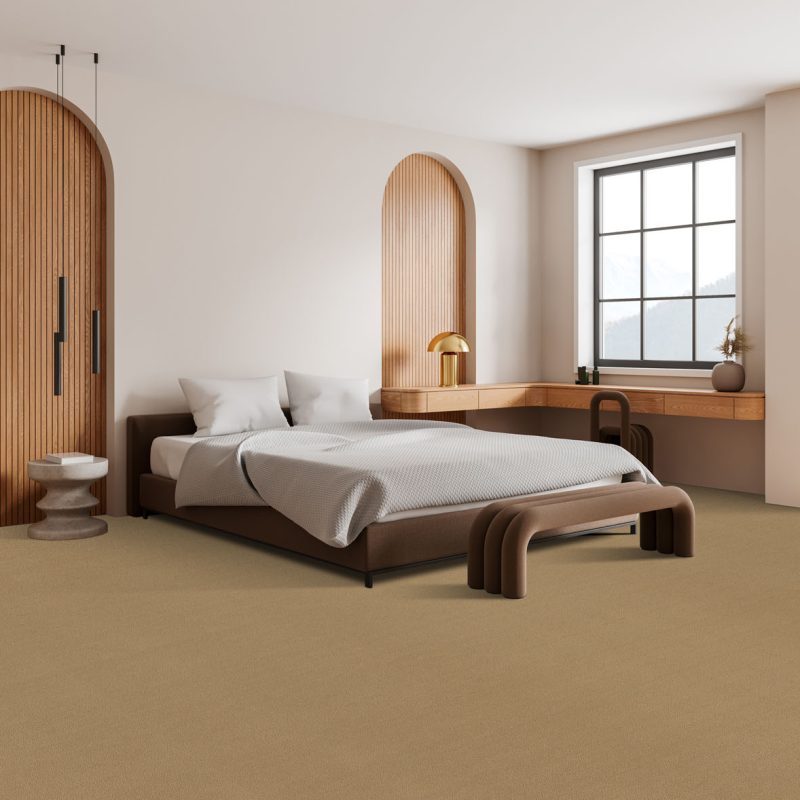 Corner view of bedroom interior bed with sheets, carpet on hardwood floor. Cozy relaxing space with work table and chair near panoramic window. Mock up copy space empty wall. 3D rendering