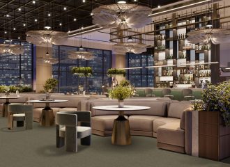 Interior of luxury restaurant. Computer generated image of large restaurant with beautiful interior design.