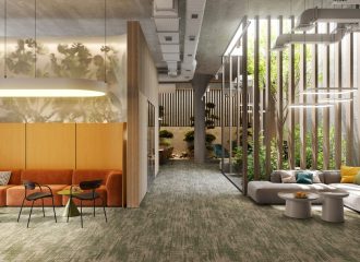 Computer generated image of interior of eco-friendly office space. Modern open plan office with large foyer in 3D