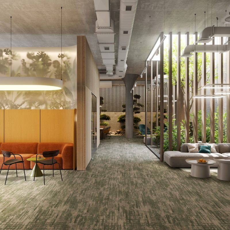 Computer generated image of interior of eco-friendly office space. Modern open plan office with large foyer in 3D